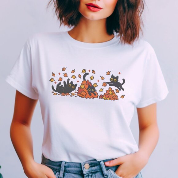 Fall Cat Graphic Tee Cute Pumpkin Kitten Autumn Cozy Sweater Weather T-Shirt - Picture 1 of 4
